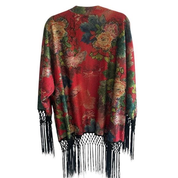 Blank NYC Red Floral Drifter Fringe Kimono Cardigan Women’s Size Large Bohemian - Picture 5 of 6